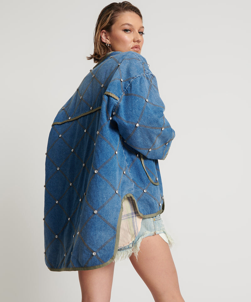 Denim quilted jacket with rhinestones