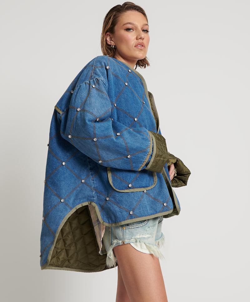 Denim quilted jacket with rhinestones